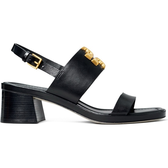 NWT Tory Burch ELEANOR Black Sandals with Gold Accent - Picture 2 of 7